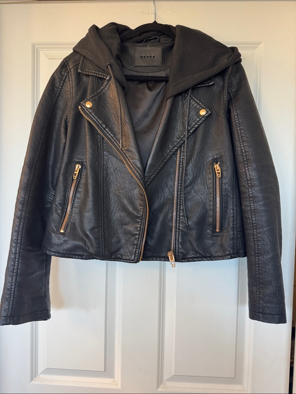 Blank NYC Womens Black Faux Leather Hooded Moto Jacket